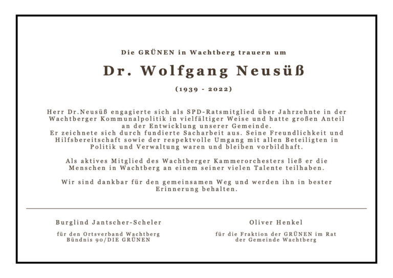 GRÜNE Wachtberg trauern um Dr. Wolfgang Neusüß